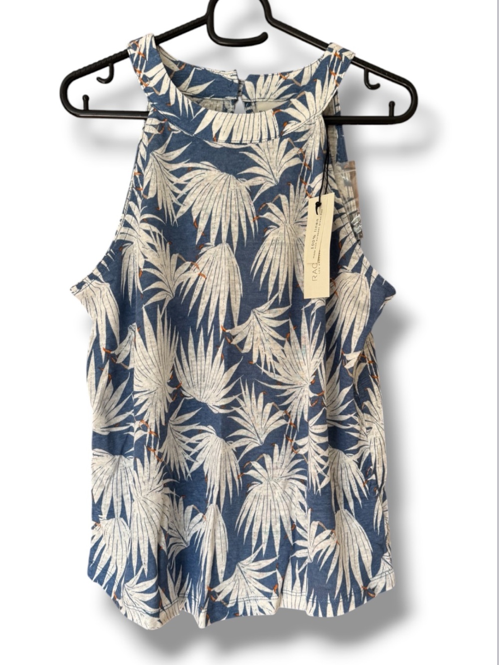 Rachel Zoe Linen Blue Palm-Print Halter Neck Top